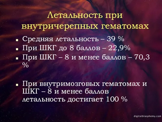 Летальность при внутричерепных гематомах Средняя летальность – 39 % При ШКГ до