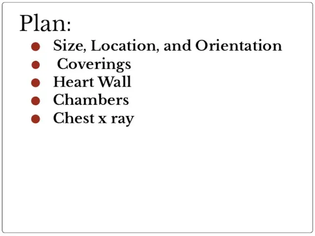 Plan: Size, Location, and Orientation Coverings Heart Wall Chambers Chest x ray