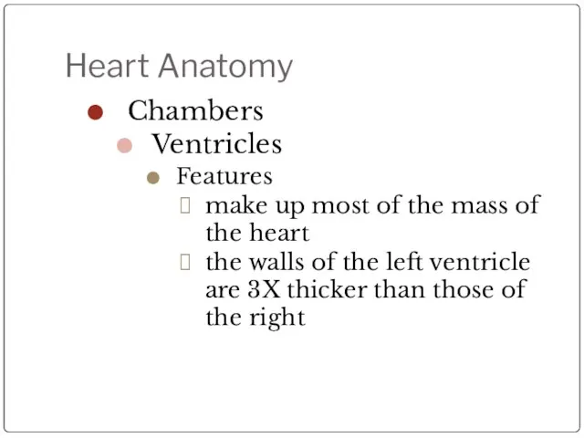 Heart Anatomy Chambers Ventricles Features make up most of the mass of