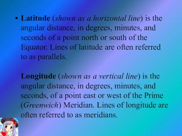Latitude (shown as a horizontal line) is the angular distance, in degrees,