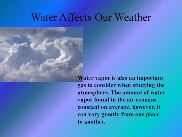 Water Affects Our Weather Water vapor is also an important gas to