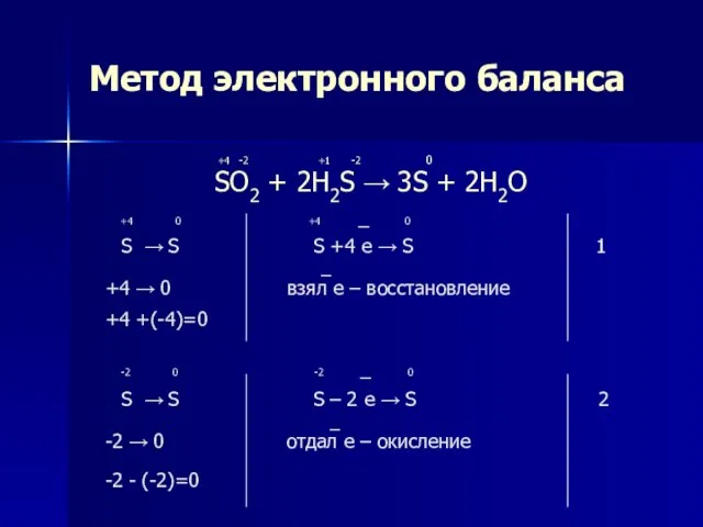 Метод электронного баланса +4 -2 +1 -2 0 SO2 + 2H2S →