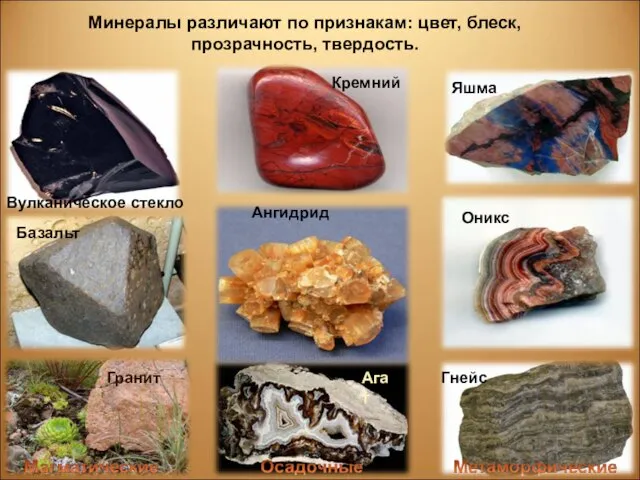 Гранит Базальт Вулканическое стекло Кремний Ангидрид Агат Гнейс Оникс Яшма Минералы различают