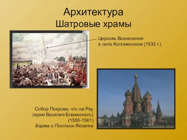 Архитектура Шатровые храмы Церковь Вознесения в селе Коломенском (1532 г.) Собор Покрова,