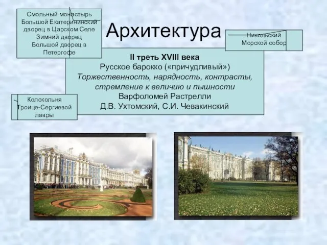Архитектура II треть XVIII века Русское барокко («причудливый») Торжественность, нарядность, контрасты, стремление