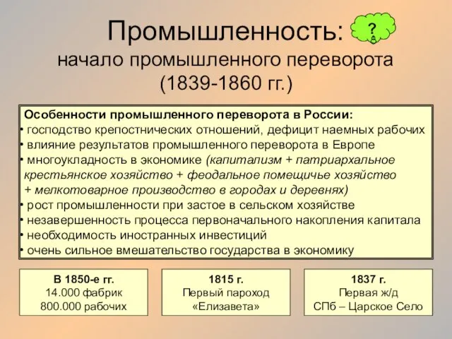 Промышленность: начало промышленного переворота (1839-1860 гг.) Особенности промышленного переворота в России: господство