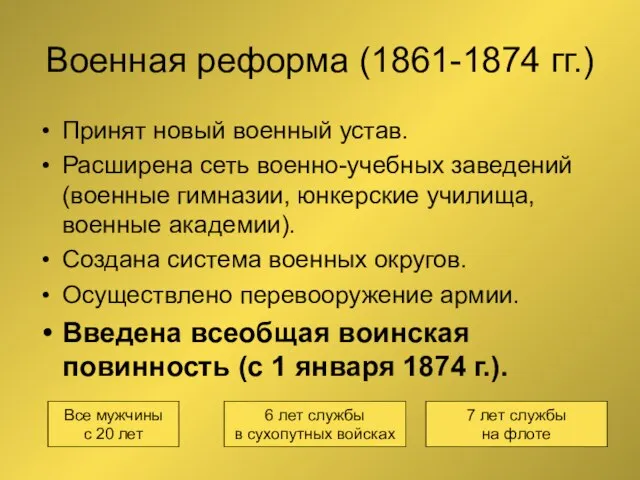 Военная реформа (1861-1874 гг.) Принят новый военный устав. Расширена сеть военно-учебных заведений