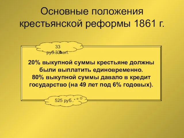 Основные положения крестьянской реформы 1861 г. 20% выкупной суммы крестьяне должны были