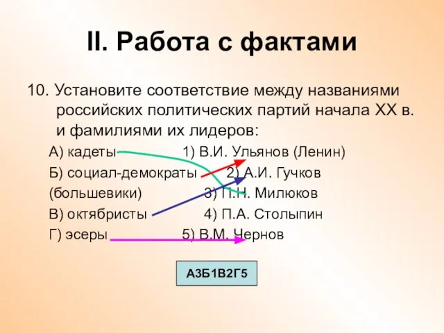 II. Работа с фактами 10. Установите соответствие между названиями российских политических партий