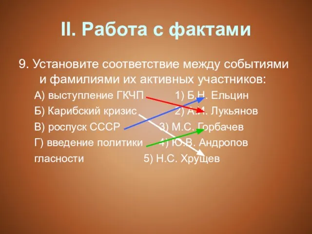 II. Работа с фактами 9. Установите соответствие между событиями и фамилиями их