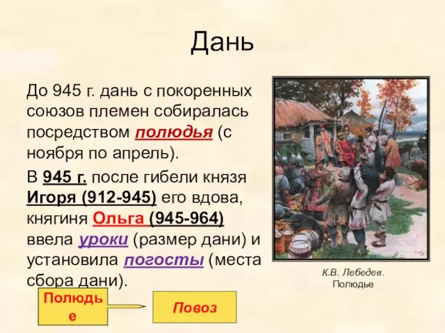 Дань До 945 г. дань с покоренных союзов племен собиралась посредством полюдья