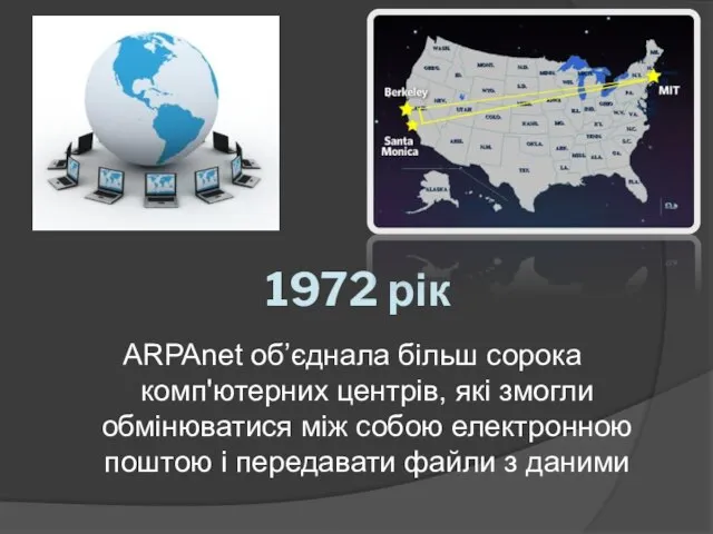 1972 рік ARPAnet об’єднала більш сорока комп'ютерних центрів, які змогли обмінюватися між