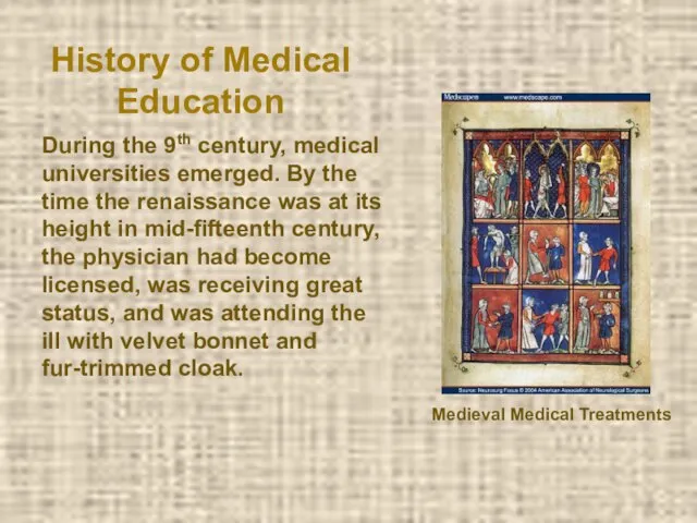 History of Medical Education During the 9th century, medical universities emerged. By