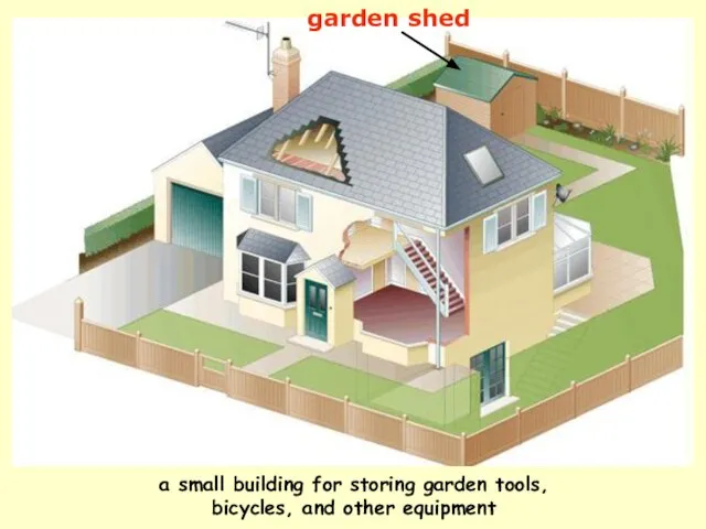 garden shed a small building for storing garden tools, bicycles, and other equipment