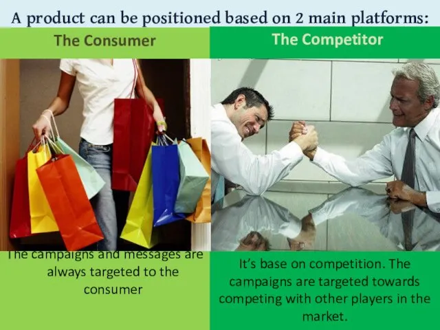 A product can be positioned based on 2 main platforms: The Competitor