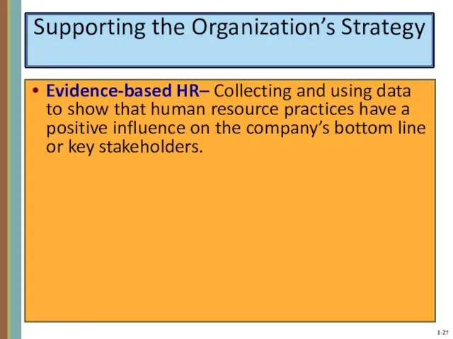 Supporting the Organization’s Strategy Evidence-based HR– Collecting and using data to show