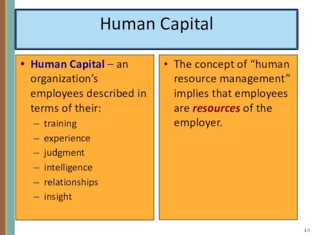 Human Capital Human Capital – an organization’s employees described in terms of