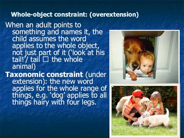 Whole-object constraint: (overextension) When an adult points to something and names it,