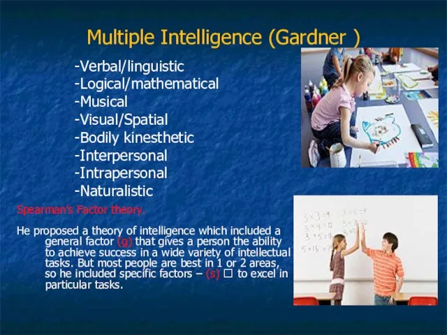 Multiple Intelligence (Gardner ) Verbal/linguistic Logical/mathematical Musical Visual/Spatial Bodily kinesthetic Interpersonal Intrapersonal