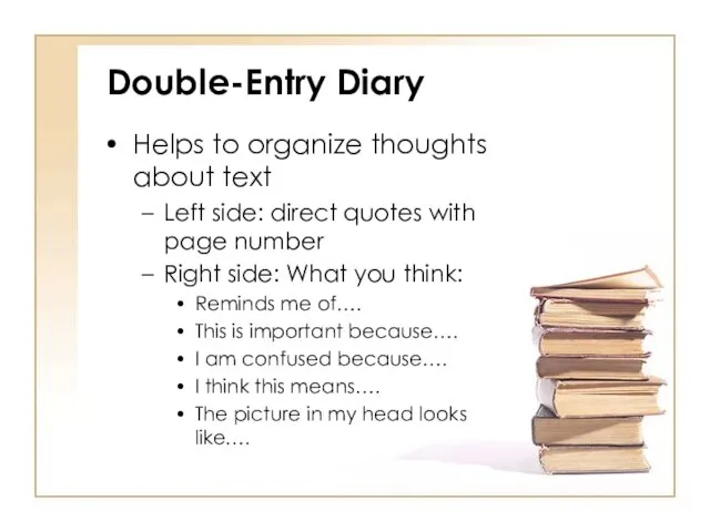 Double-Entry Diary Helps to organize thoughts about text Left side: direct quotes