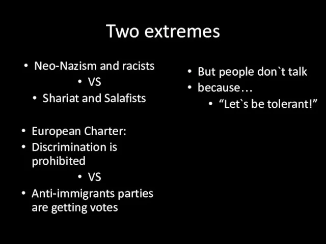 Two extremes Neo-Nazism and racists VS Shariat and Salafists European Charter: Discrimination