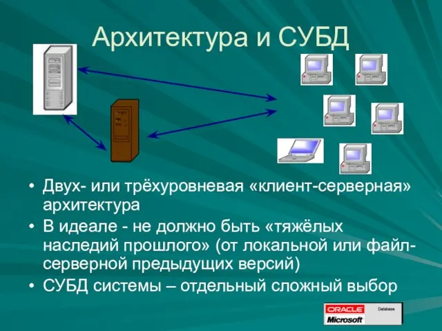 Архитектура и СУБД Двух- или трёхуровневая «клиент-серверная» архитектура В идеале - не