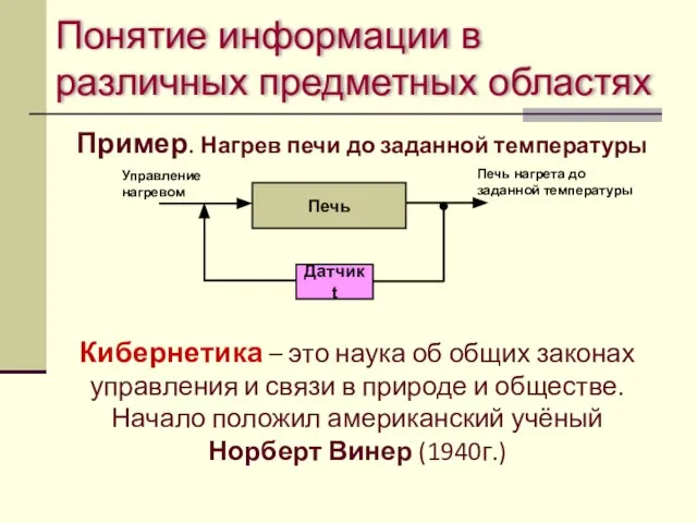 Понятие информации в различных предметных областях Пример. Нагрев печи до заданной температуры