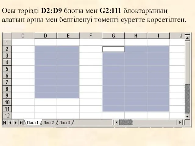 Осы тәрізді D2:D9 блогы мен G2:I11 блоктарының алатын орны мен белгіленуі төменгі суретте көрсетілген.