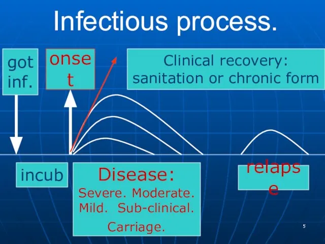 Infectious process. got inf. Disease: Severe. Moderate. Mild. Sub-clinical. Carriage. incub relapse