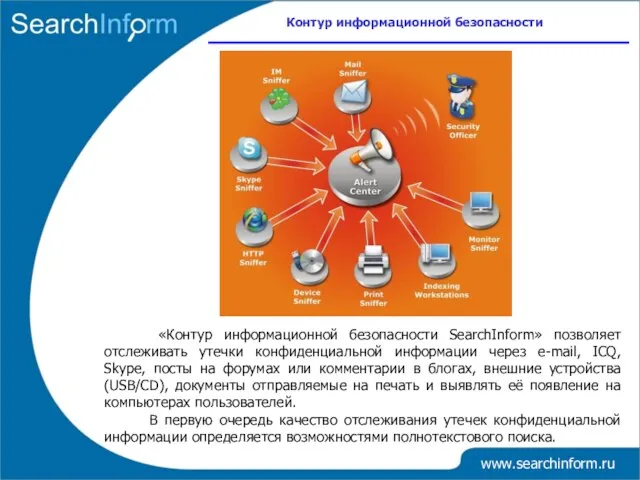 Контур информационной безопасности www.searchinform.ru «Контур информационной безопасности SearchInform» позволяет отслеживать утечки конфиденциальной