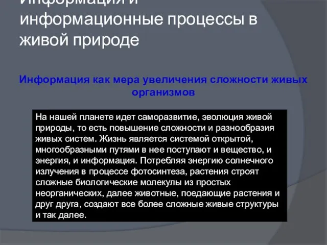 Информация и информационные процессы в живой природе Информация как мера увеличения сложности