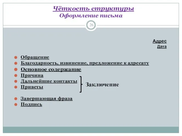 Чёткость структуры Оформление письма Адрес Дата Обращение Благодарность, извинение, предложение к адресату