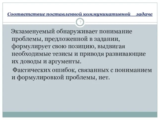 Соответствие поставленной коммуникативной задаче Экзаменуемый обнаруживает понимание проблемы, предложенной в задании, формулирует