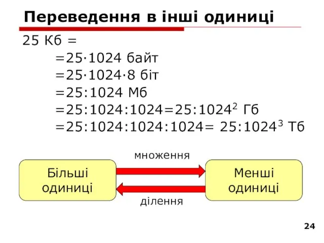 Переведення в інші одиниці 25 Кб = =25·1024 байт =25·1024·8 біт =25:1024