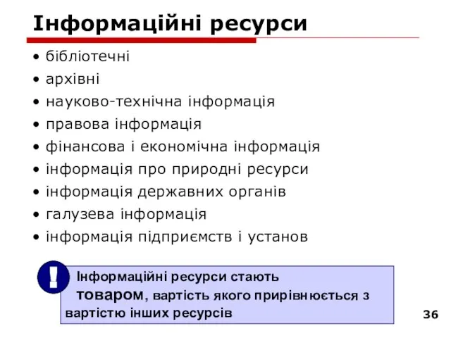 Інформаційні ресурси бібліотечні архівні науково-технічна інформація правова інформація фінансова і економічна інформація