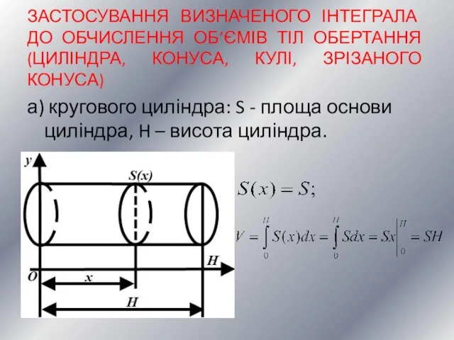 а) кругового циліндра: S - площа основи циліндра, H – висота циліндра.