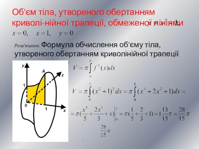 Об'єм тіла, утвореного обертанням криволі-нійної трапеції, обмеженої лініями Розв'язання. Формула обчислення об'єму