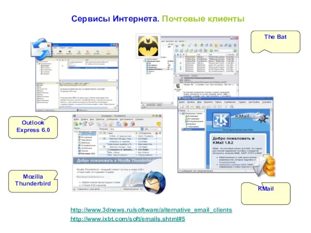 Сервисы Интернета. Почтовые клиенты http://www.3dnews.ru/software/alternative_email_clients http://www.ixbt.com/soft/emails.shtml#5 Outlook Express 6.0 Mozilla Thunderbird The Bat KMail