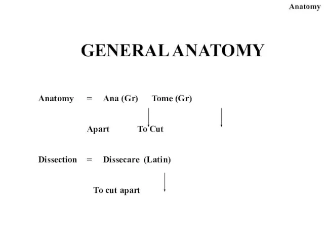 GENERAL ANATOMY Anatomy = Ana (Gr) Tome (Gr) Apart To Cut Dissection