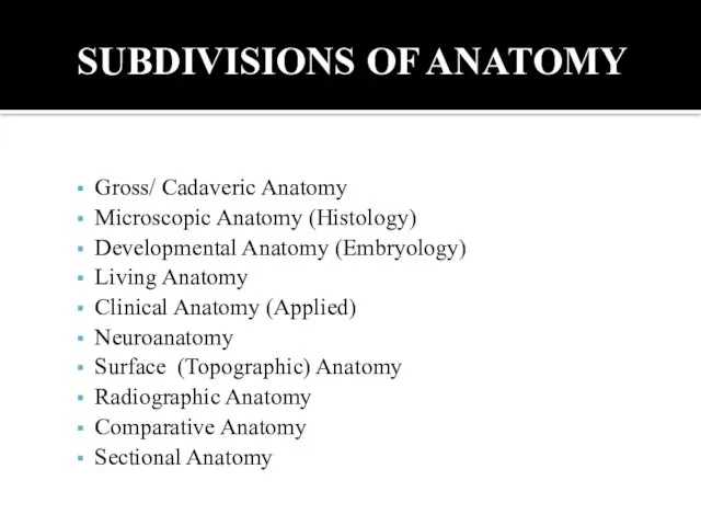 SUBDIVISIONS OF ANATOMY Gross/ Cadaveric Anatomy Microscopic Anatomy (Histology) Developmental Anatomy (Embryology)