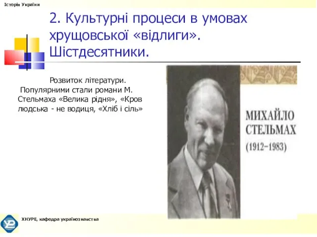 2. Культурні процеси в умовах хрущовської «відлиги». Шістдесятники. Розвиток літератури. Популярними стали