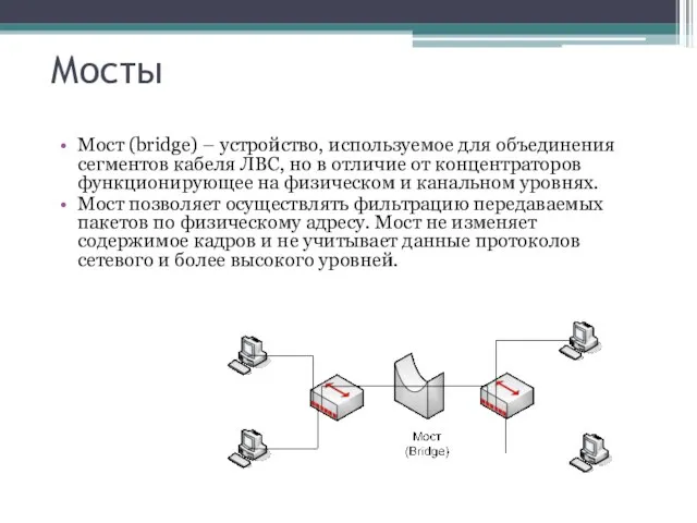 Мосты Мост (bridge) – устройство, используемое для объединения сегментов кабеля ЛВС, но