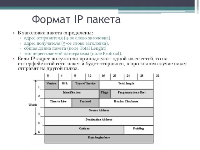 Формат IP пакета В заголовке пакета определены: адрес отправителя (4-ое слово заголовка),