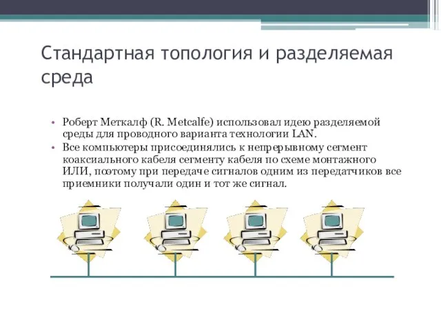 Стандартная топология и разделяемая среда Роберт Меткалф (R. Metcalfe) использовал идею разделяемой