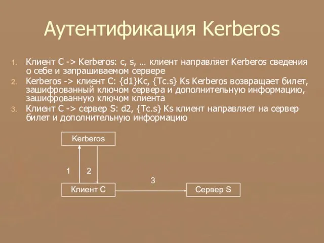 Аутентификация Kerberos Клиент C -> Kerberos: c, s, … клиент направляет Kerberos