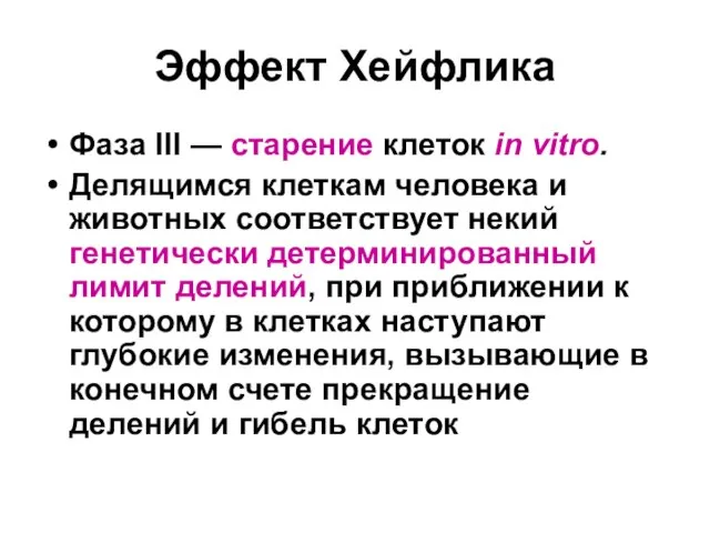 Эффект Хейфлика Фаза III — старение клеток in vitro. Делящимся клеткам человека