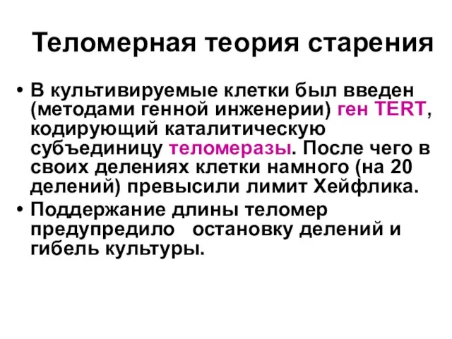 Теломерная теория старения В культивируемые клетки был введен (методами генной инженерии) ген