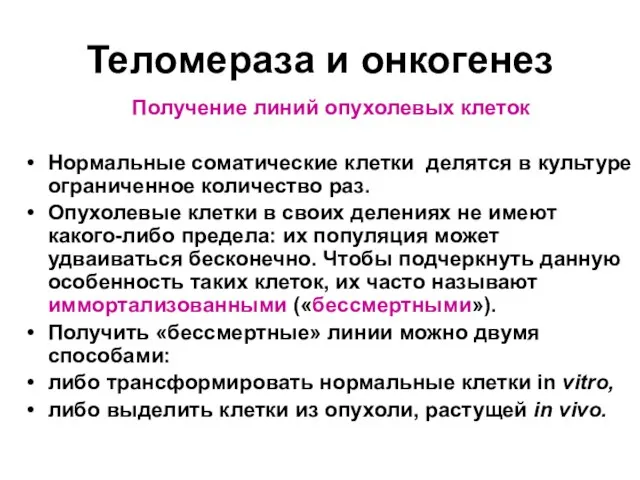 Теломераза и онкогенез Получение линий опухолевых клеток Нормальные соматические клетки делятся в