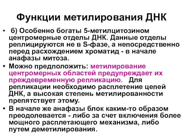 Функции метилирования ДНК б) Особенно богаты 5-метилцитозином центромерные отделы ДНК. Данные отделы