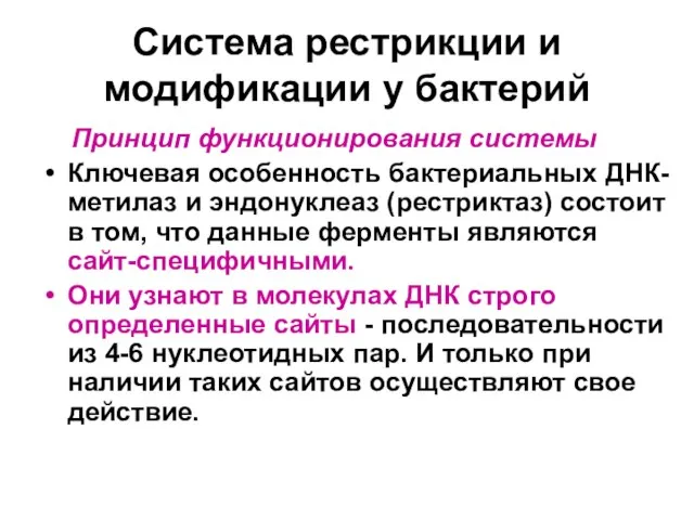 Система рестрикции и модификации у бактерий Принцип функционирования системы Ключевая особенность бактериальных